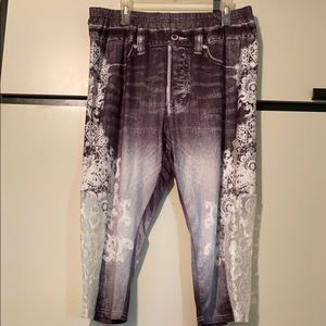 Black Denim Print Leggings with Lace